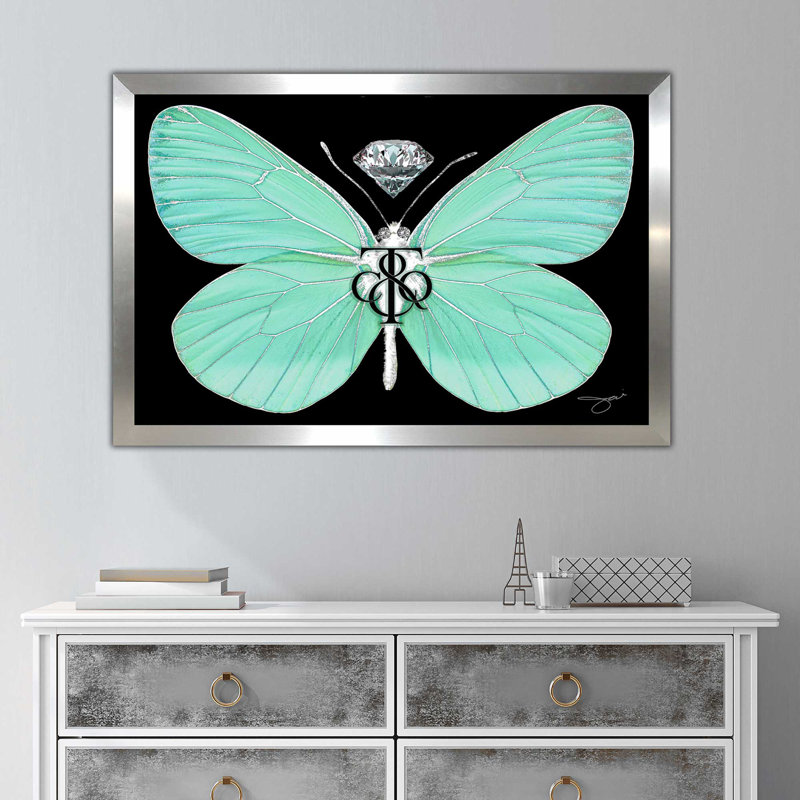 Papillon Tiffany (horizontal) - impression, Encadrement argenté, H 27,5 po x l 39,5 po x P 0,75 po