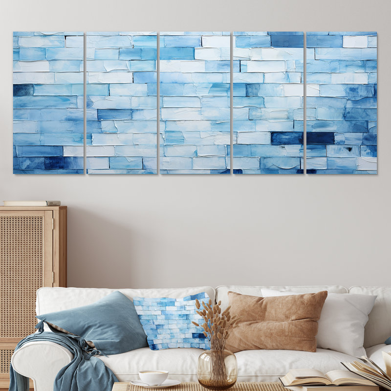 «White and Blue Scandinavian Tiles I - Boho Mosaic», art mural 5 pièces, H 32 po x l 80 po