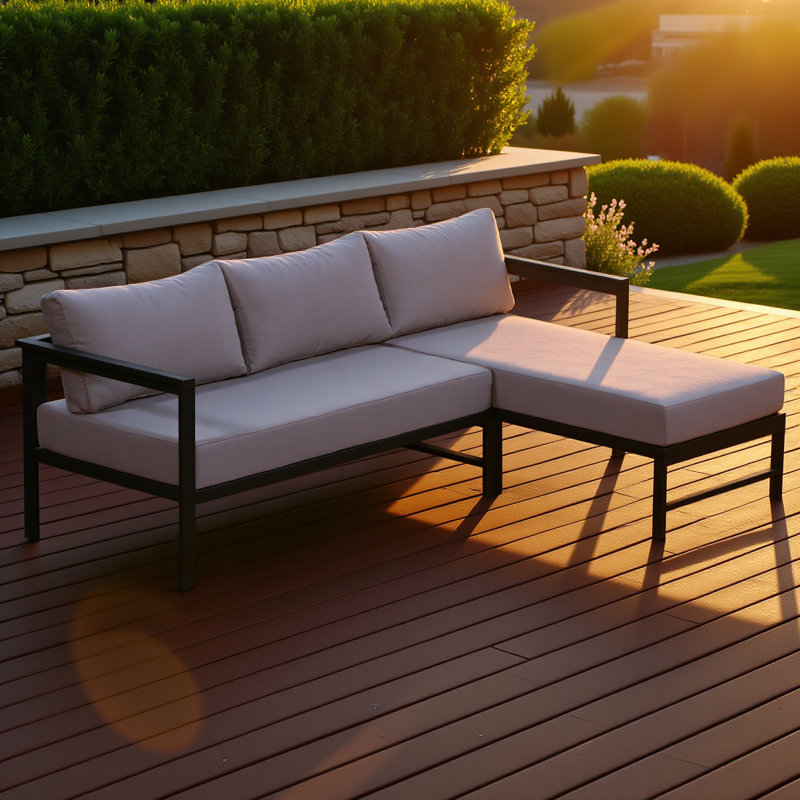 Canapé d'extérieur en forme de L avec structure en fer, ensemble de canapé de patio résistant aux intempéries avec coussins ultra-épais, siège confortable pour 3 personnes, idéal pour le patio, le balcon et le jardin