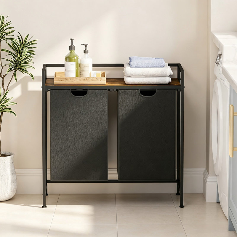 Table à linge avec panier à linge avec 2 paniers amovibles en tissu, station de tri industrielle avec plateau en bois, armoire à linge pour salle de bain, buanderie