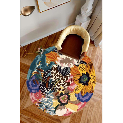 Biborka Yellow Floral Digital Print Cotton Polyester Non-Slip Area Rug