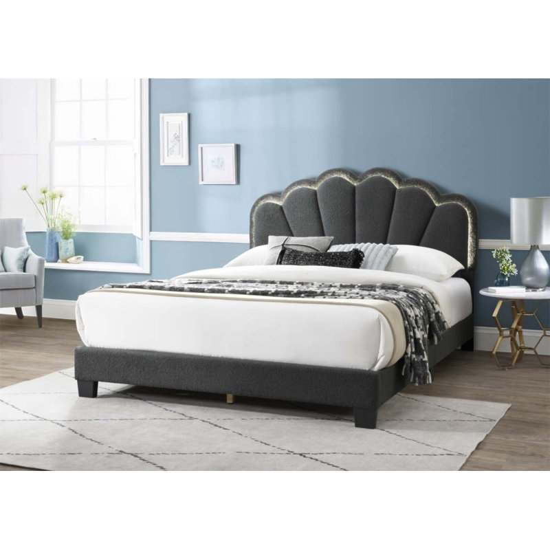 Lit plateforme luxueux en laine avec tête de lit à motif floral et éclairage à DEL intégré, pour les chambres à coucher modernes