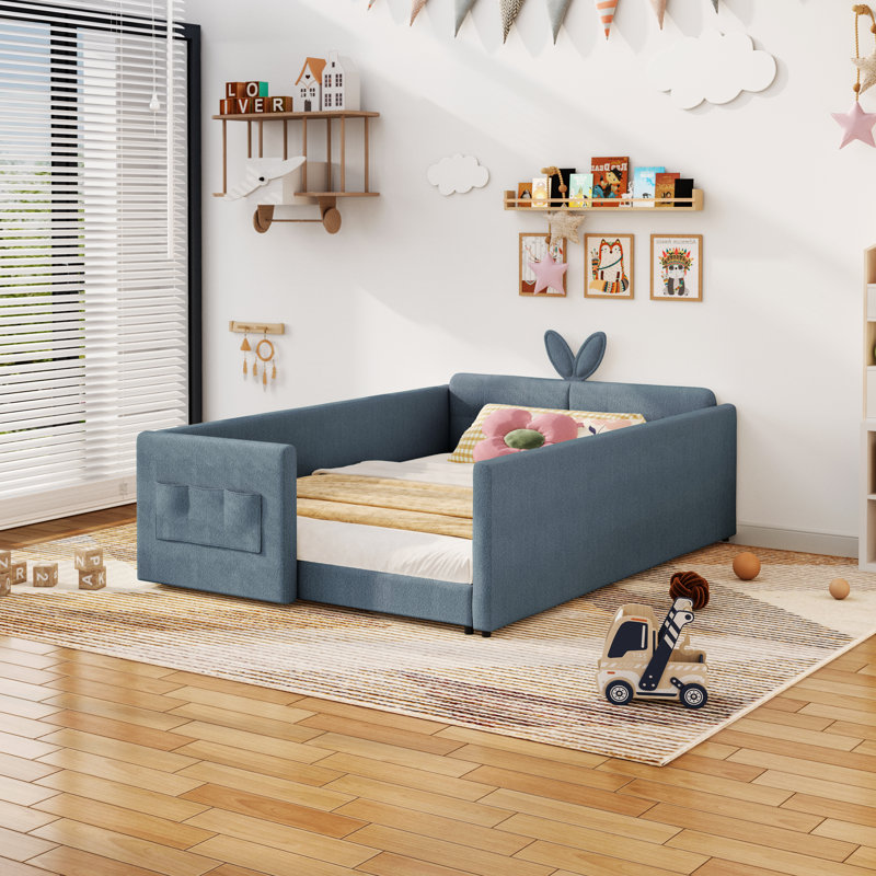 Full  Size Upholstered Platform Bed With Cute Rabbit Ear Shaped Headboard, Safety Rail, And Convenient Storage Pocket, Boucle Fabric – Perfect For Kids' Bedroom