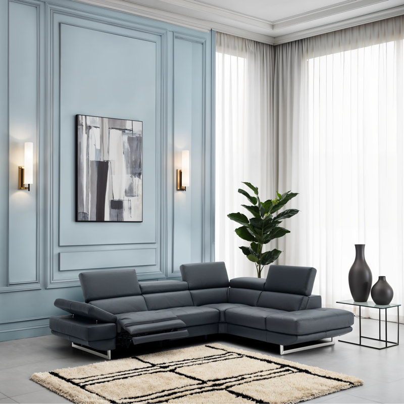 Cartagena 2 - Piece Leather Sectional, Blue Gray Genuine Leather, Right Hand Facing