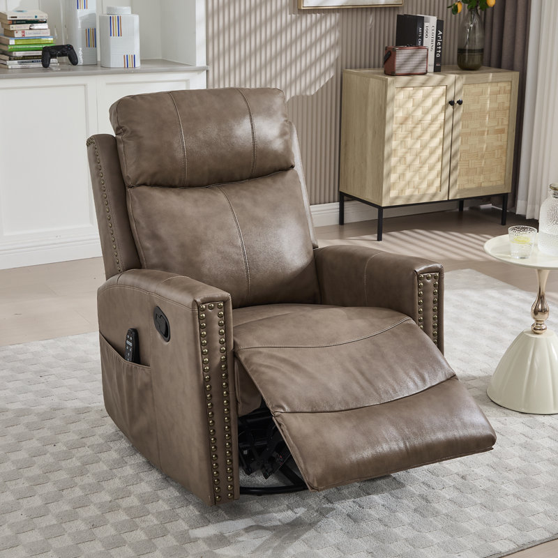 30.5 "W Manual Genuine Leather Swivel Rocker Recliner Vintage Recliner With Heated Massage, Gray Brown