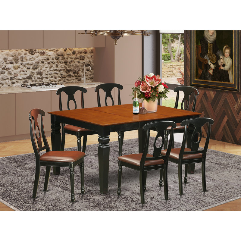 7 Piece Dining Room Table Set Consist of a Rectangle Kitchen Table with Butterfly Leaf and 6 Faux Leather Chairs, Black & Cherry