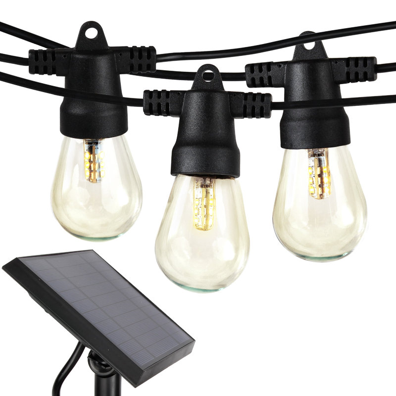 Guirlande de lumières DEL d'extérieur à énergie solaire de 48 pi avec 15 ampoules S14 blanches douces Ambiance Pro, cordon résistant aux intempéries de qualité commerciale