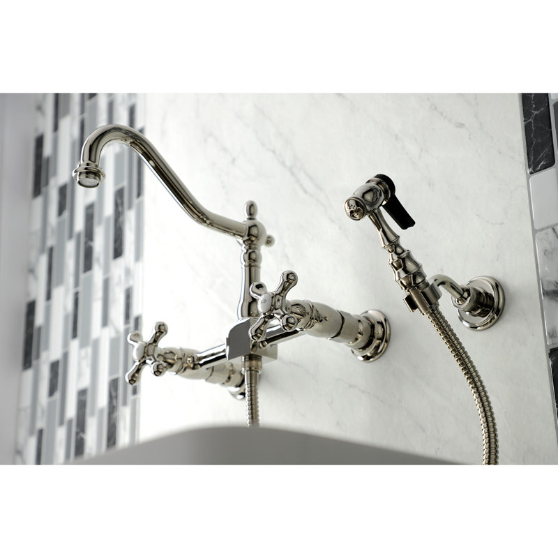Kingston Brass Heritage Double-Handle Wall-Mount Bridge Kitchen Faucet, With Side Spray, Polished Nickel