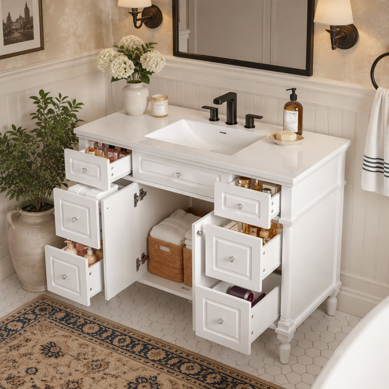 Meuble-lavabo vintage sur pied avec six tiroirs, deux portes et charnières à fermeture en douceur pour le rangement, White