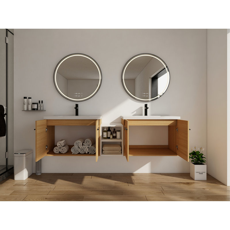 Meuble-lavabo mural 72 po avec lavabo de comptoir en résine et 1 tablette de rangement, 4 portes à fermeture douce (KD-Packing)