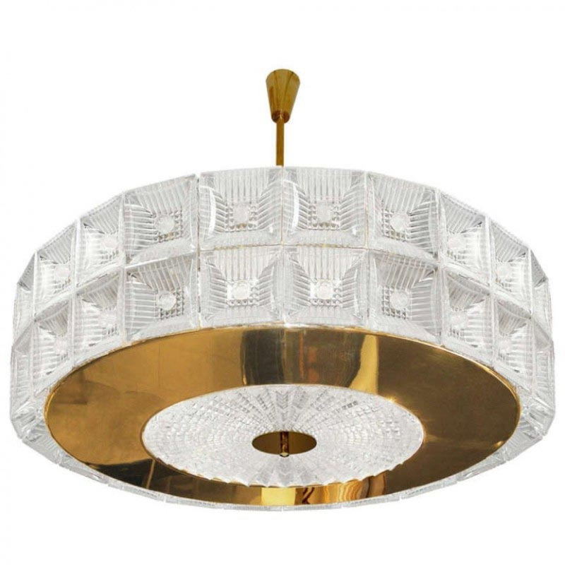 Lustre tambour Venini, Laiton brossé, Transparent, H 15 po x l 28 po x P 28 po