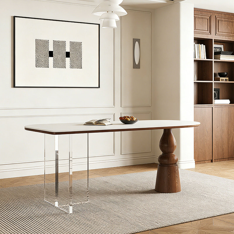 Mid-Century Acacia Wood & Rock Dining Table, 29.5"H x 70.9"L x 31.5"W