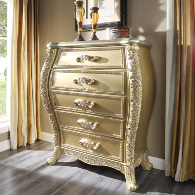 Metallic Antique Gold Hand Carved Chest with Mirror Insets