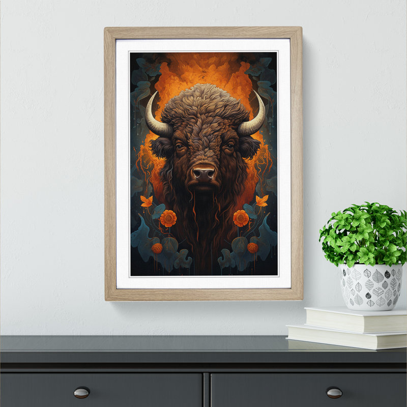 Bison Symbolism Art - Framed Print, Oak Framed, 34cm H x 25cm W x 2cm D