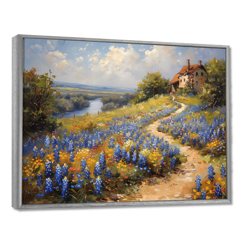 Bleu et vert pré breloque bleu Bonnets VII - Blue Bonnets Wall Art Living Room, Toile argentée avec cadre flottant