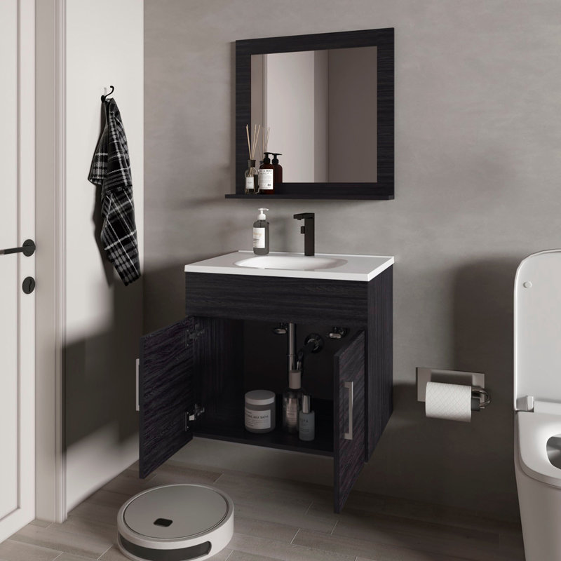  2-Door Floating Bathroom Vanity Set With Sink And Mirror, Wenge