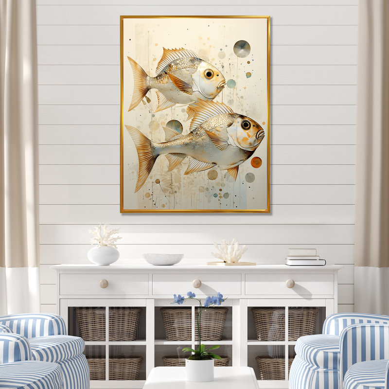" Fish Harmony ", 32" H x 24" W x 1" D, Gold Floater Framed