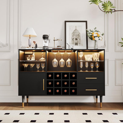 47 Inch Bar Cabinet with LED Lights, Wood Liquor Cabinet with Storage and Charging Station,Modern Bar Table Furniture for Dining Room Living Room Apar by Wrought Studio