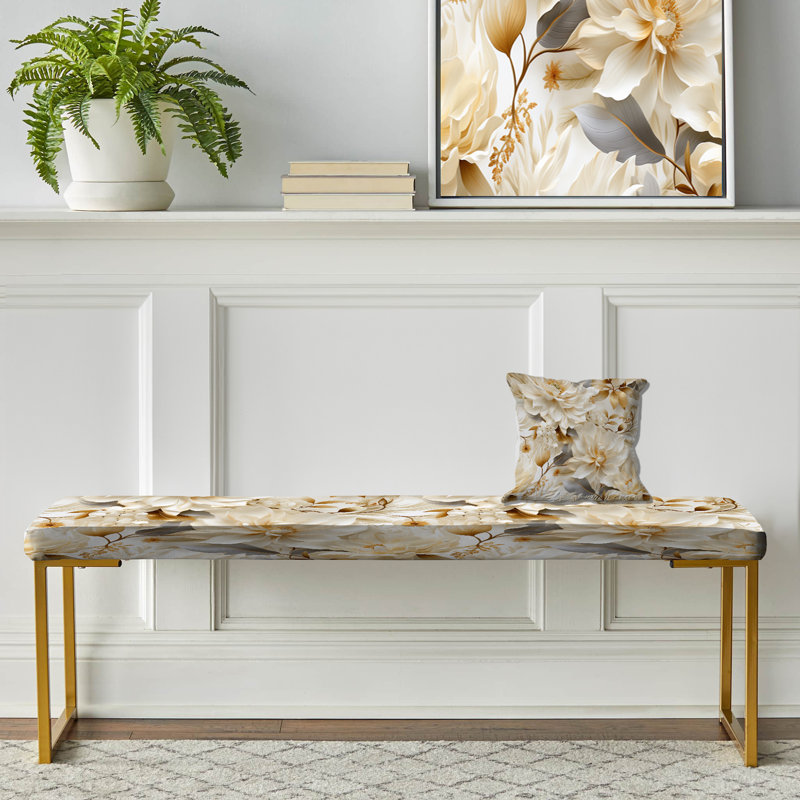 Banc floral rembourré or, Motif bohème de fleurs de chrysanthème blanches