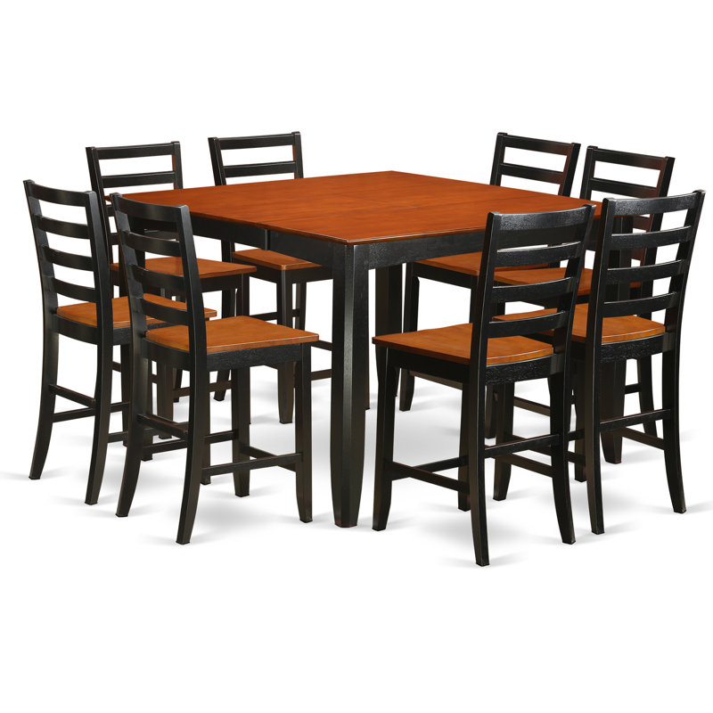 9 Piece Counter Height Dining Set Includes a Square Kitchen Table with Pedestal and 8 Dining Room Chairs, Black & Cherry