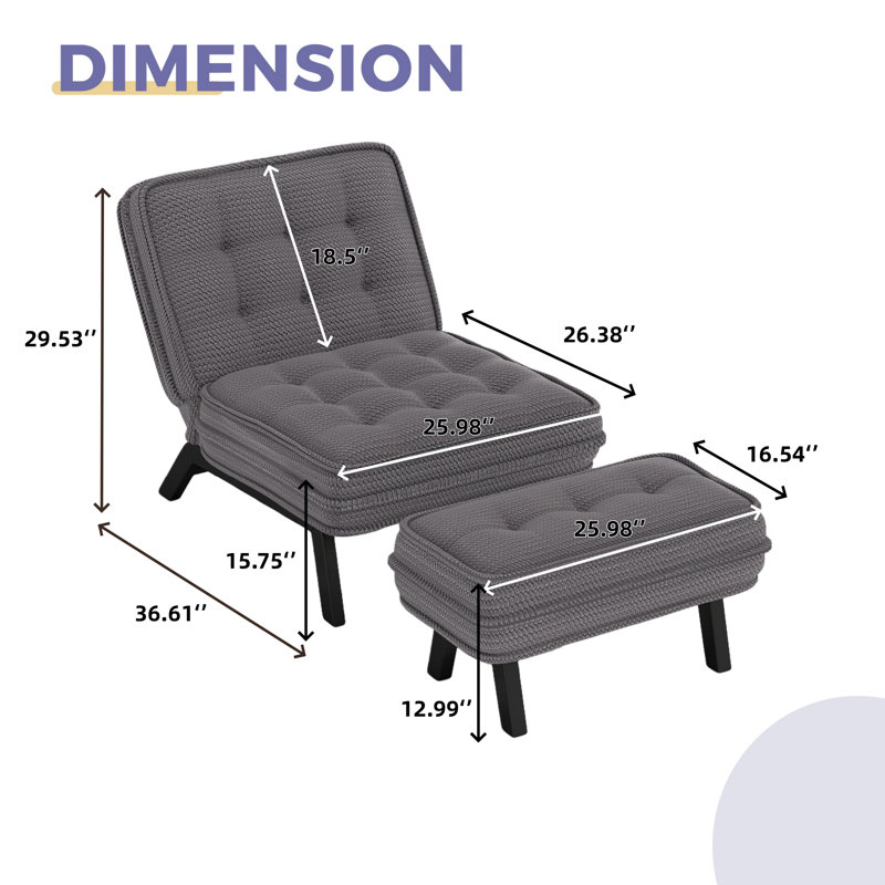  Chaise d'appoint rembourrée de 25,98 po de largeur avec dossier réglable et repose-pieds (ensemble de 5), Gris, 5