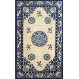 Hand Knotted Pile Rectangle Geometric Medallion Wool 1920s Ivory Beige Cream White Antique Rug