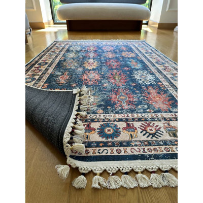 Coton à imprimé numérique oriental bleu marine Toscana Tapis chenille antidérapant