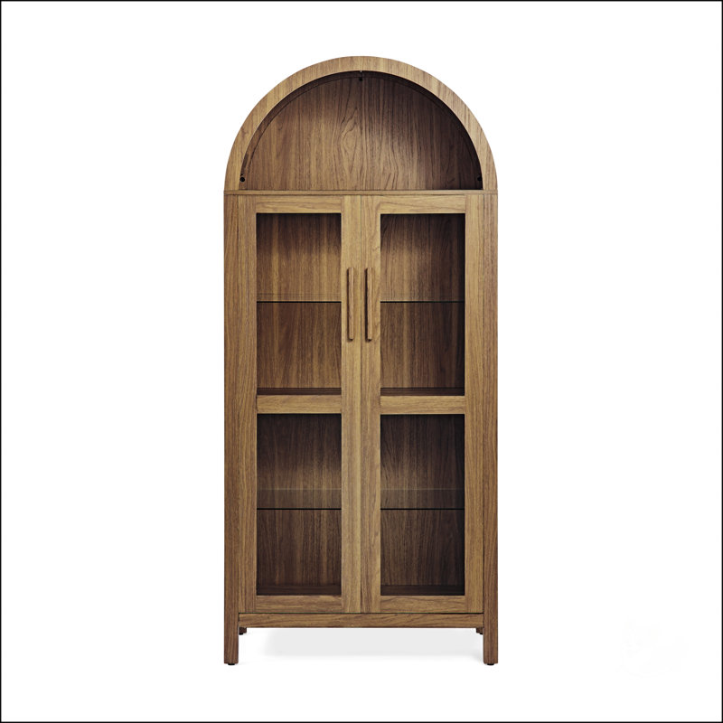 Vitrine moderne en verre avec cadre en bois, tablettes en verre réglables et cloison en bois porteuse fixe, armoire de rangement courbée à dessus arqué avec pieds de support surélevés, armoire d'appoint multifonctionnelle pour la chambre à coucher du vestibule du salon