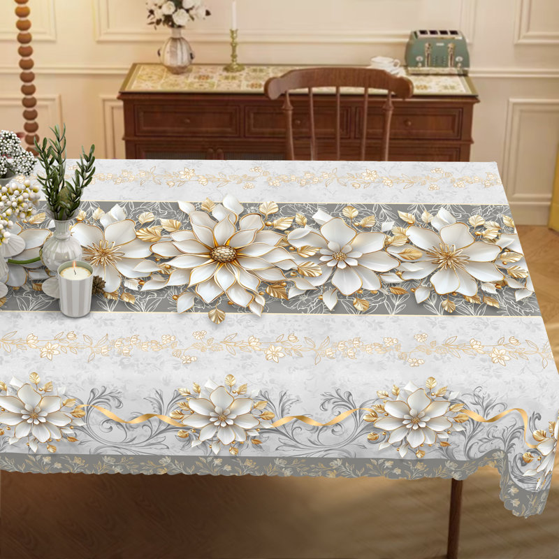 1pc elegant white and gold floral Lillo with a retro silver-gray luxury style, embossed edges, and durable woven polyester fabric, suitable for home kitchen, outdoor garden, festival gatherings, restaurant and banquet decoration