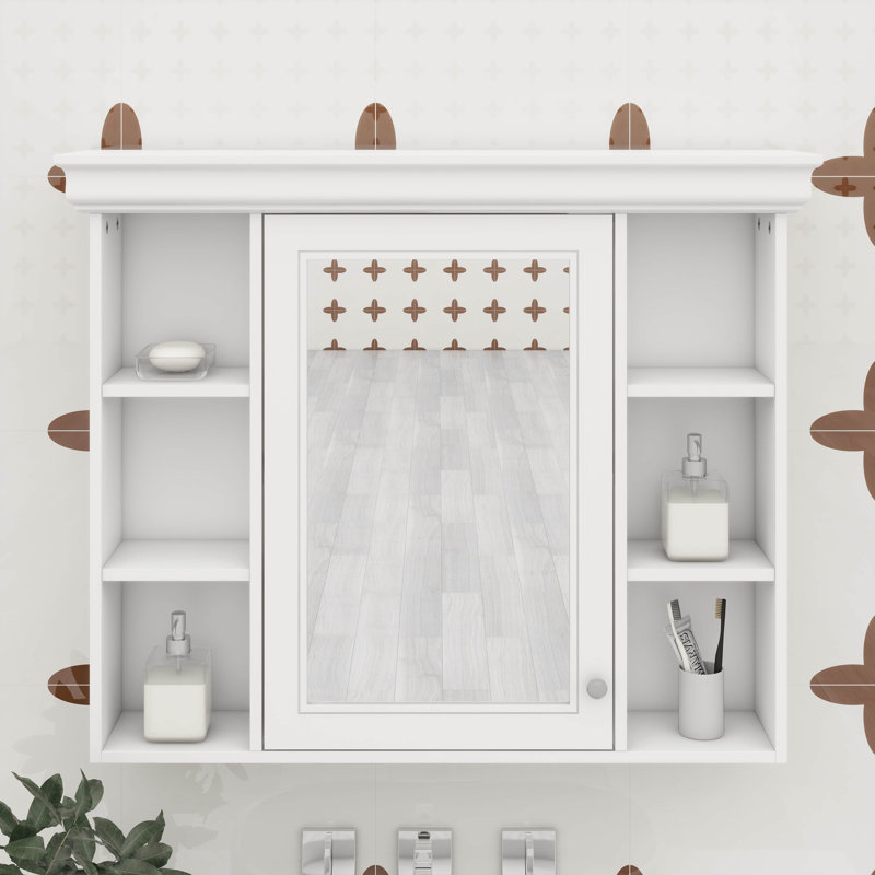 Armoire murale moderne avec miroir et armoire à pharmacie avec 6 tablettes ouvertes, Blanc
