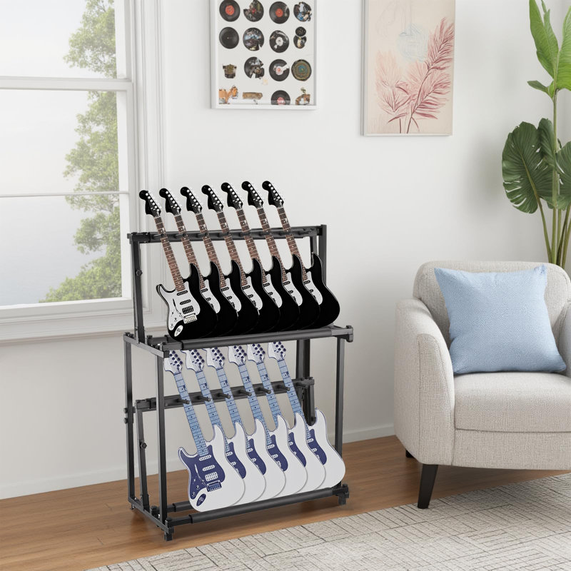 Support réglable à 2 niveaux pour 2 supports de guitare multiples - support de plancher en métal pliable avec rembourrage en éponge douce, affichage double couche amovible pour électrique, acoustique, basse, ukulele - idéal pour la maison, le studio, la scène, le noir