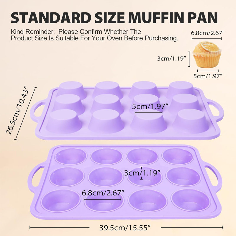 2 Pack Silicone Muffin Pan 12 and 24 Cup with Metal Frame, Non Stick Silicone Mini Cupcake Pan