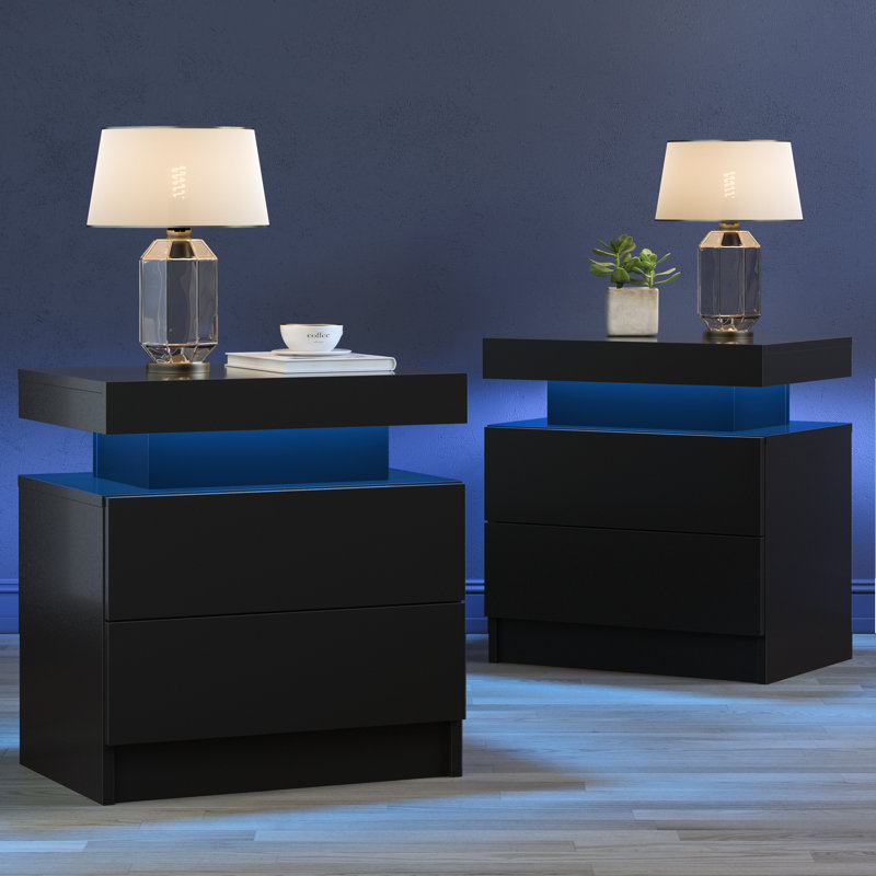 LED Nightstand with Drawers, Black