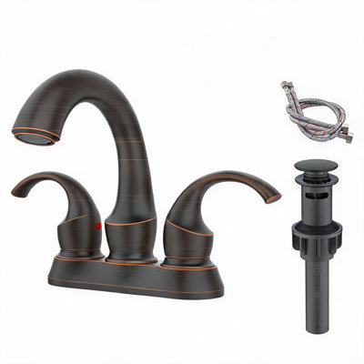Robinet de lavabo de salle de bain central en métal huilé de 4 pouces à deux poignées avec bonde escamotable et tuyaux d'alimentation
