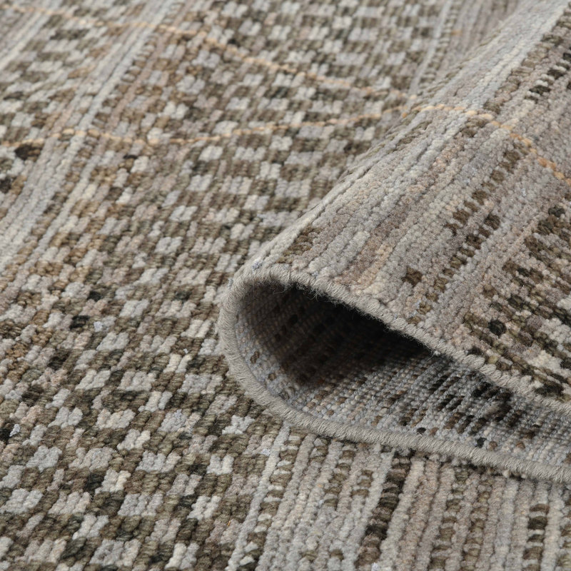 Gray and Brown Hand-Knotted Wool Geometric Area Rug 9' x 12'