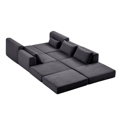 Canapé modulaire convertible avec coussins en velours côtelé gris foncé