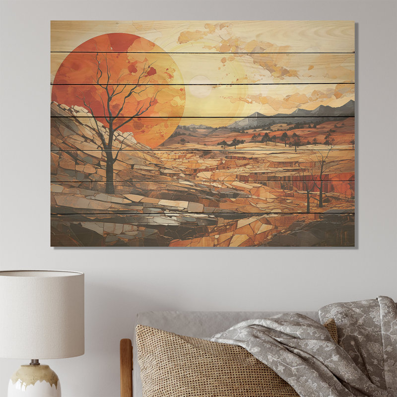 Orange Sunset, paysage abstrait, art mural Meadow - paysage abstrait sur bois, H 30 po x l 40 po
