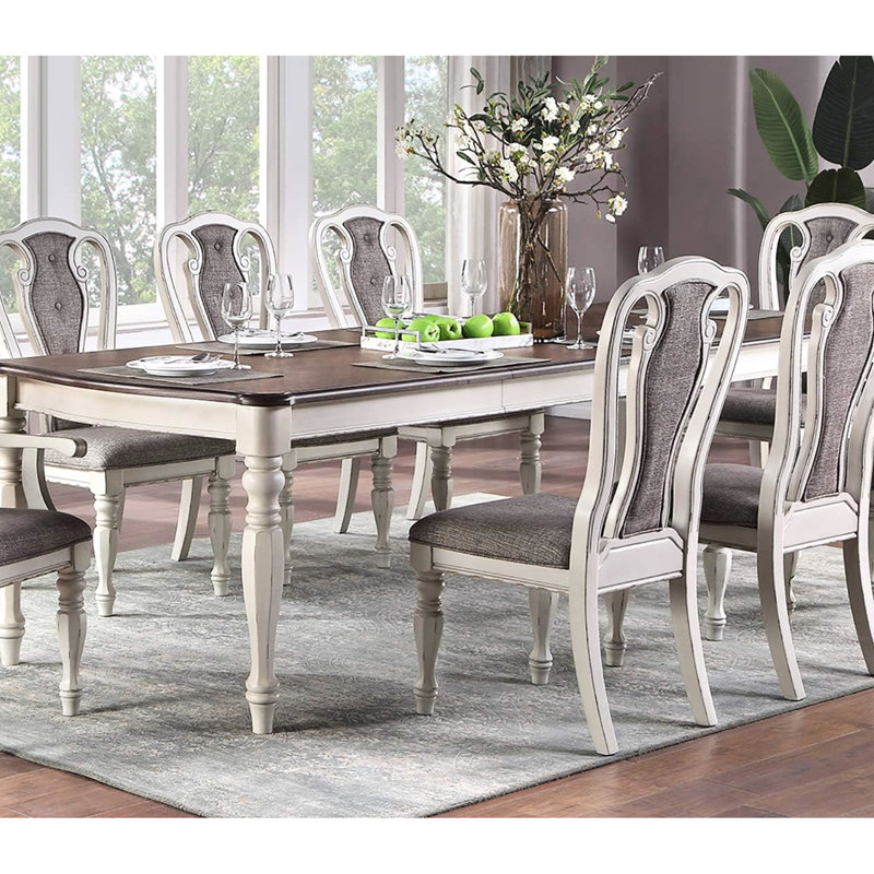 Table de salle à manger rectangulaire contemporaine en chêne blanc antique à 6 pièces 6 chaises d'appoint 2 placages en bois de caoutchouc massif Design unique des pieds Finition vieillie 8 sièges avec base de coussin en tissu amovible