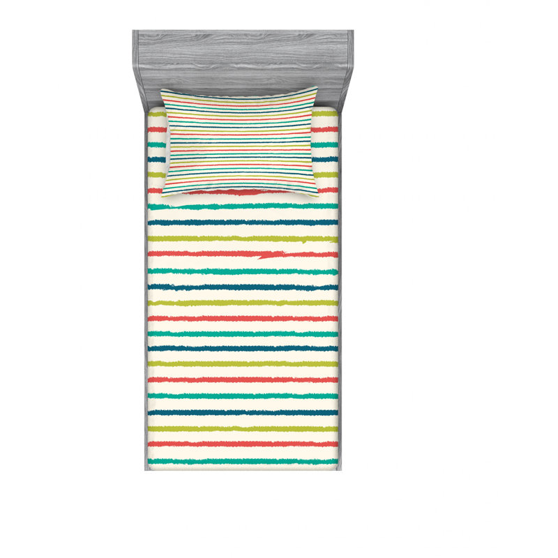 Microfiber Abstract Sheet Set, Twin Sheet Set with Fitted Sheet, Blue/Red/Yellow, Striped