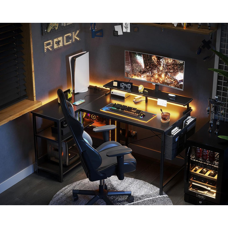 48 Inch Gaming Desk With Usb Charging Ports And Led Lights, Reversible L Shaped Computer Desk With Storage Shelves & Monitor Stand