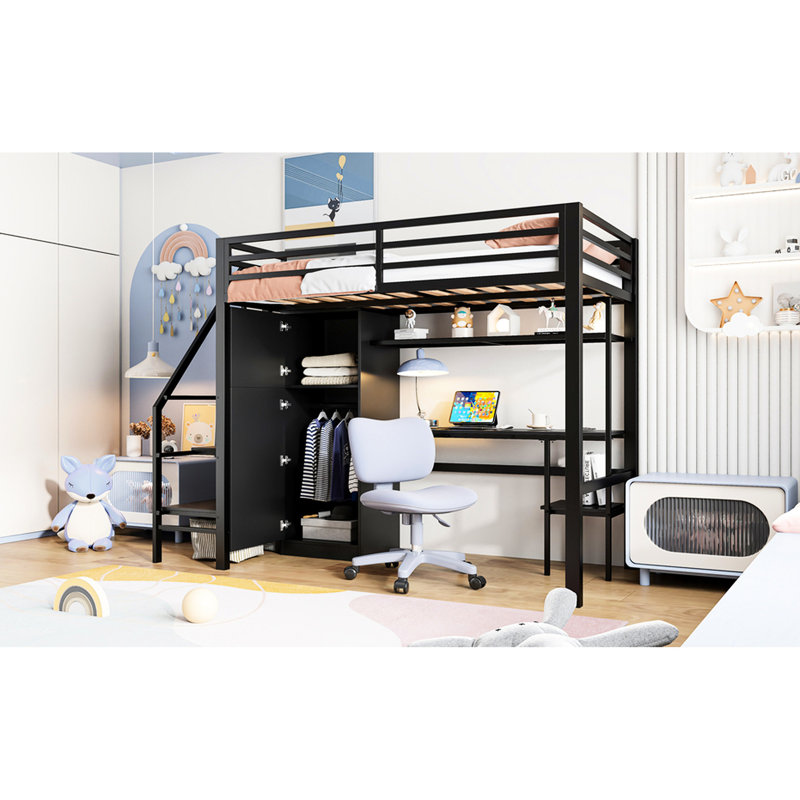 Lit mezzanine simple en métal avec bureau, tablette, grande armoire et escalier de rangement noir - un choix élégant pour une expérience spacieuse et confortable