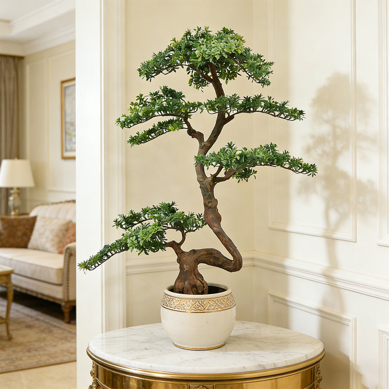 Bonsaï artificiel de 39 po avec feuilles luxuriantes et faux feuillage persistant dans un pot décoratif