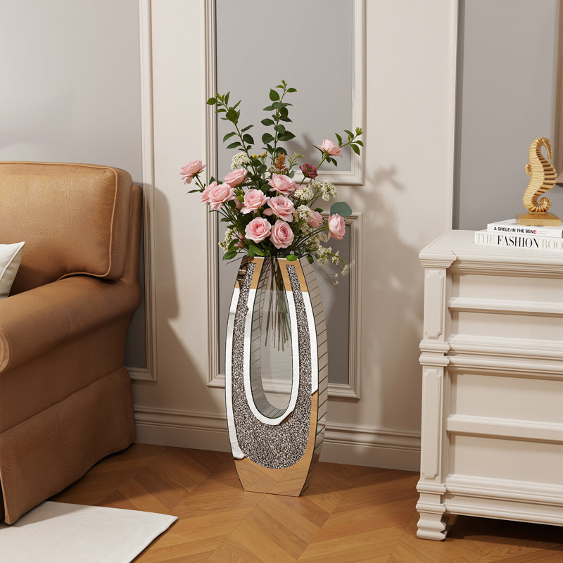 Grand vase de plancher en forme de U avec miroir en verre trempé transparent diamant écrasé, vase décoratif moderne pour salon, entrée, couloir, hôtel