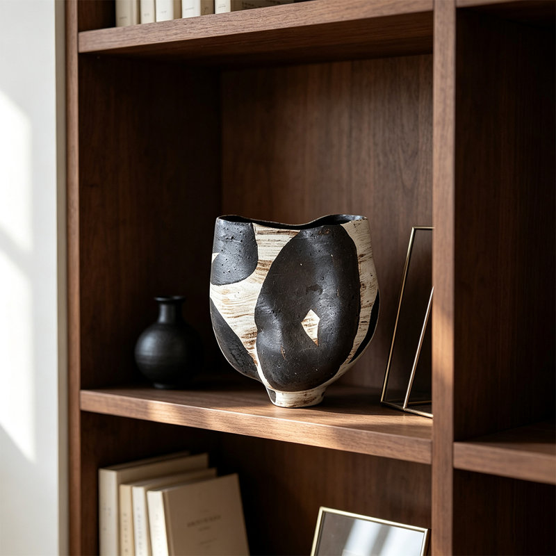 Vase de table en céramique noir Wabi-Sabi, 11.81" H x 10.63" L x 9.06" W