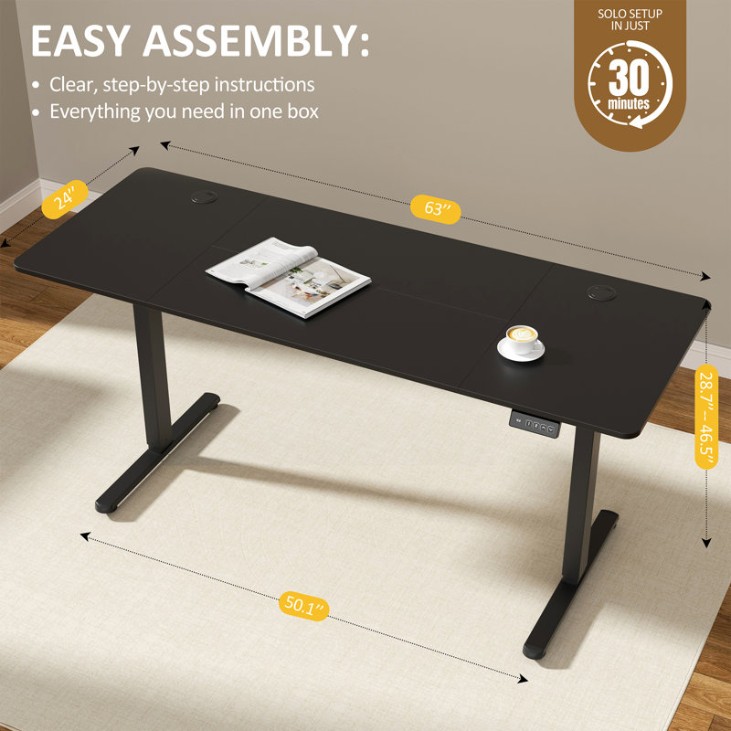 Bureau debout réglable électrique Oishee, 46.5" H x 63" W x 24" D, Noir, noir, noir, noir
