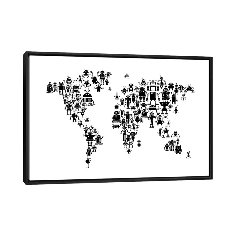 " Black & White Robots " by Michael Tompsett, 18" H x 26" W x 1.5" D, Black Framed Canvas, No Mat