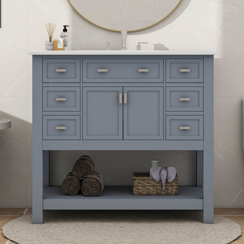 Meuble-lavabo moderne de 36 po avec lavabo supérieur, 2 portes à fermeture douce et 6 tiroirs, Gris