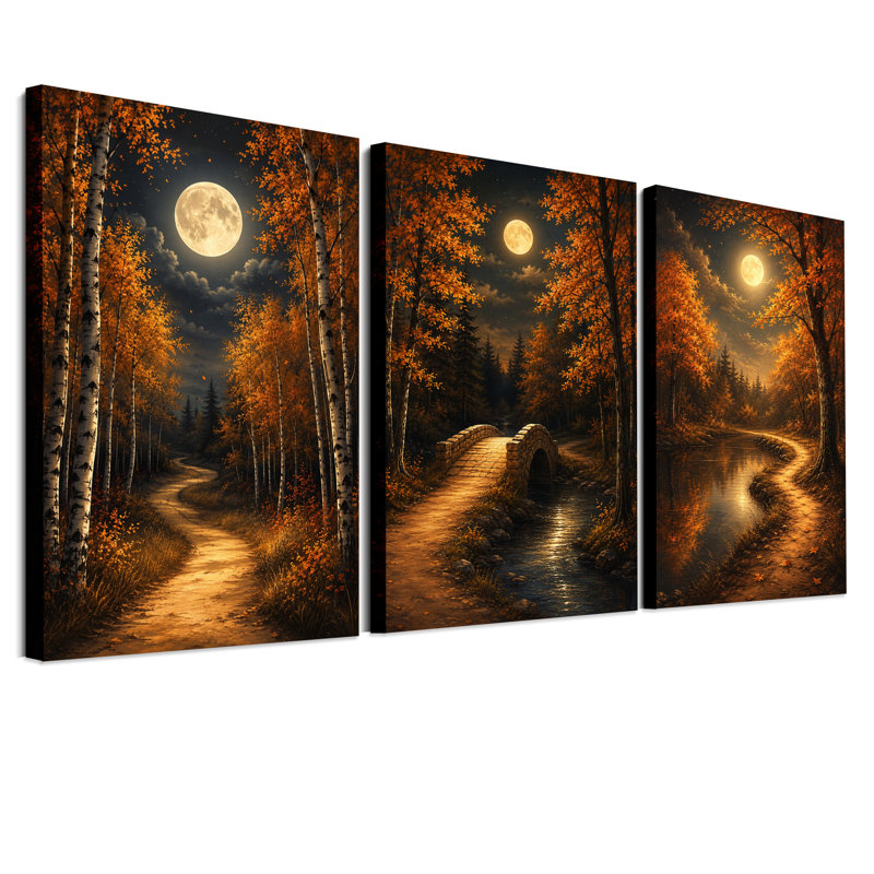 Ensemble de 3 toiles murales sur le thème de l'Halloween : chemin forestier d'automne et pont de pierre, 24"H x 16"W x 3pcs