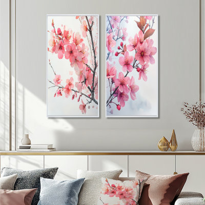 «Pink Cherry Blossoms Summer Embrace I», art mural floral 2 panneaux