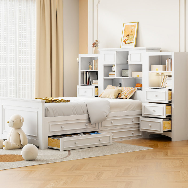 Lit plateforme simple blanc en bois avec armoire verticale tout-en-un, 4 tiroirs de chaque côté et tête de lit pour la chambre à coucher